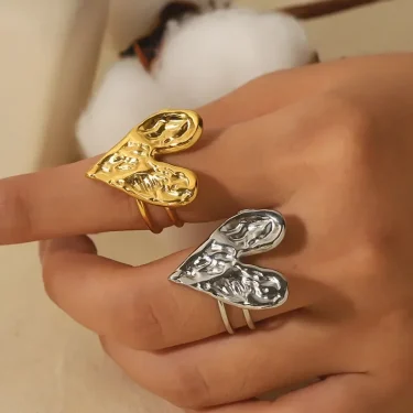 Stainless Steel Hammer Pattern Big Heart Opening Golden Ring for Women Fashion Accessories Texture Design Jewelry Birthday Gifts 2