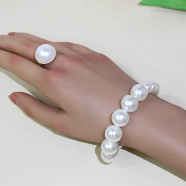 5 Women's Vintage Light Luxury French 5 Piece Imitation Pearl Jewelry Fashion Wedding Earring Bracelet Necklace Ring Set 6