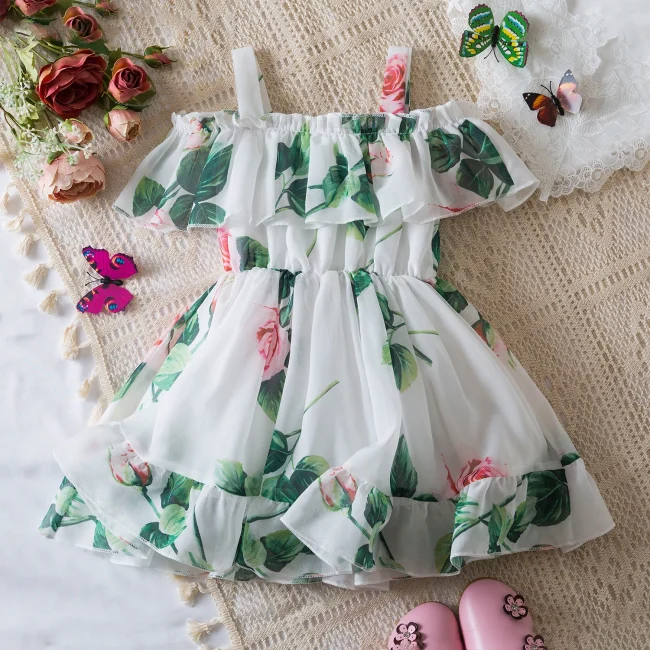 New Suspend Dress for Girls Print Dress Elegant Children Summer Casual Clothes Chiffon Kids Flower Tutu Princess Dresses 3