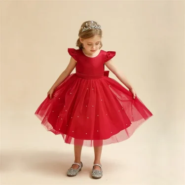 Toddler Girl Red Christmas Princess Dress Cute Baby Girl 1st Birthday Party Tutu Gown Newborn Backless Bow Beading Xmas Costume 5