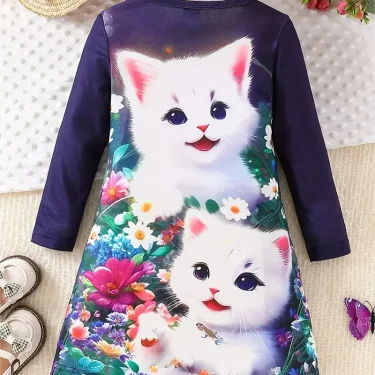 Girls Cute Cat Princess Dress, Long-Sleeved Kitten Print Dress, Casual Children's Cat Fashion Clothing, Theme Party Clothing 6