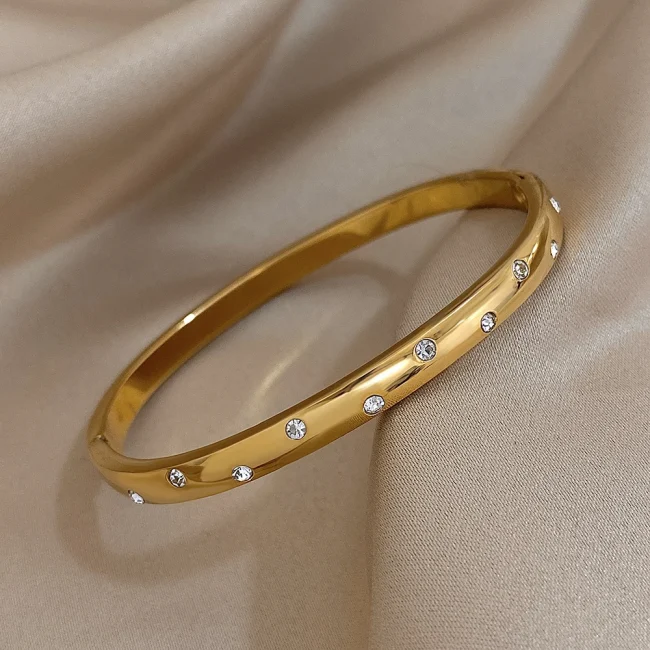 Thin Stainless Steel Round Rhinestones Bangle Bracelet for Women Minimalist Cuff Bangles Waterproof Stackable Jewelry Gifts 3