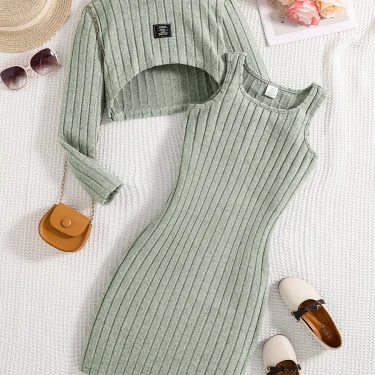 Spring and autumn new girls fashion knitted solid color pit strip mid-collar long-sleeved shirt + sleeveless vest casual dress 2 1