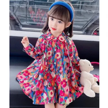 Spring Autumn New Girls Princess Dress Full Print Flowers Long Sleeve Lapel Collar Dress For 2-8 Years Girls Casual Shirt Skirt 2