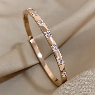AENSOA Simple Classic New Gold Plated Stainless Steel Bracelet Inlaid Square Rhinestone Bangle Bracelet Charm Waterproof Jewelry 2