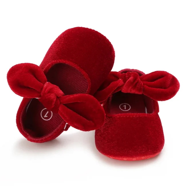 Newborn Infant Baby Girls Shoes Velvet Red Christmas 0-18M Princess Girl Baby Shoes Bow First Walkers 5