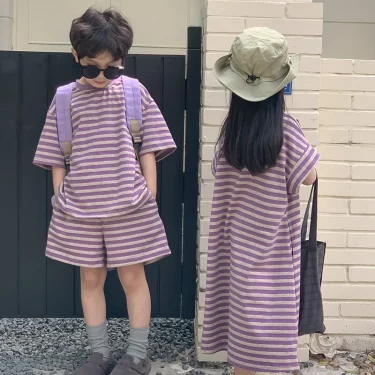 MILANCEL Summer Kids Clothing Set Striped Tee And Shorts Boys Casual Suit Girl Long Dress Brother And Sister Clothes 4