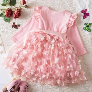 Fall Dress for Girls Pink Princess Dresses Elegant Children Birthday Party Costume for Long Sleeve 2-6Y Children's Autumn Clothe 2