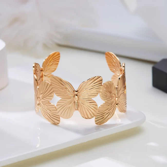 Elegant Big Metal Flowers Cuff Bangle for Women Girls Sweet Gold Color Butterfly Bracelets Aesthetic Party Jewelry Accessories 6