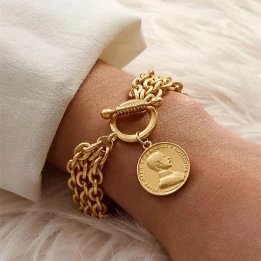 FLASHBUY Gold Color Chain Bracelets For Women Men Vintage Metal Portrait Coin Alloy Bracelets Fashion Jewelry 1