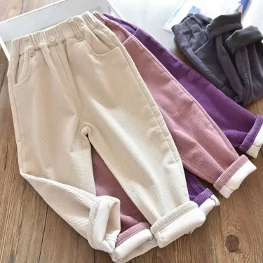 Kids Warm Pants Boy Girls Autumn Winter Corduroy Thick Outer Wear Sports Trousers 1-9Y Children Clothes Casual High Waist Pants 3