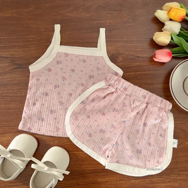 Baby Clothes Sets Summer Toddler Girl Strap Suits Cotton Printing Tops +Shorts Infant Tracksuit Newborn Sets 4