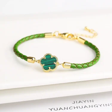 Classic Genuine Leather Woven Natural Stone Five Leaf Flower Charm Bracelet Fashion for Women Girls Party Wedding Jewelry Gift 3