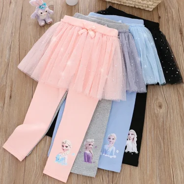 Quality Cotton Girls Skirt Pants for Children Disney Frozen Elsa Princess Skirts Baby Girl Pink Blue Trouser Lace Kids Leggings 1