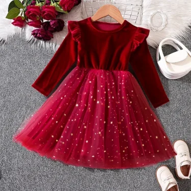 New Girls Christmas Dress Long Sleeve Sequins Mesh Tutu Autumn Winter Princess Dress for Kid Xmas New Year Party Red/Green Dress 2