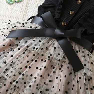 Baby Girl Flying Sleeves Knitted Dress Kids Polka Dot Mesh Dress Girl Princess Cake Dress Kids Elegant Black Dress for 2-6 Years 3