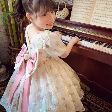 Summer New Girls Princess Dress Full Print Flowers Puff Sleeve Bow Mesh DresseTutu Birthday Party Gown For 2-12 Years Kids 1