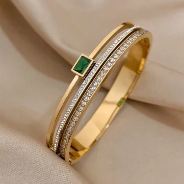 Luxury Stainless Steel Cuff Bracelet For Women Mens Gold Silver Color Couple Bracelets Green White Rhinestone Wide Bangle Gift 1
