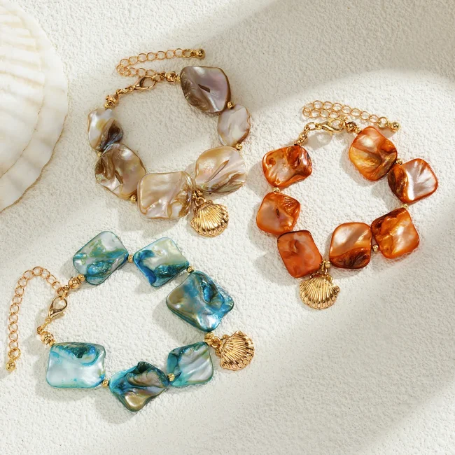 Boho Gold Color Metal Scallop Pendant Bracelet 2024 Women's Simple Color Stone Bead Bead Bead Girlfriend Fashion Beach Jewelry 4