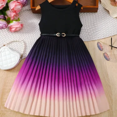 Young Girls Gradient Pleated Dress With Pit Strip And Patchwork Design On The Upper Body For Summer 1