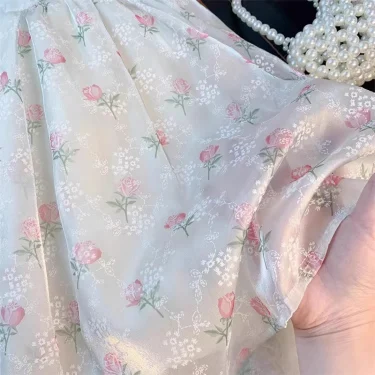 2 3 4 5 6 8 Years Girls Princess Dress Summer New Full Print Flowers Puff Sleeve Bow Mesh DresseTutu Birthday Party Gown 6