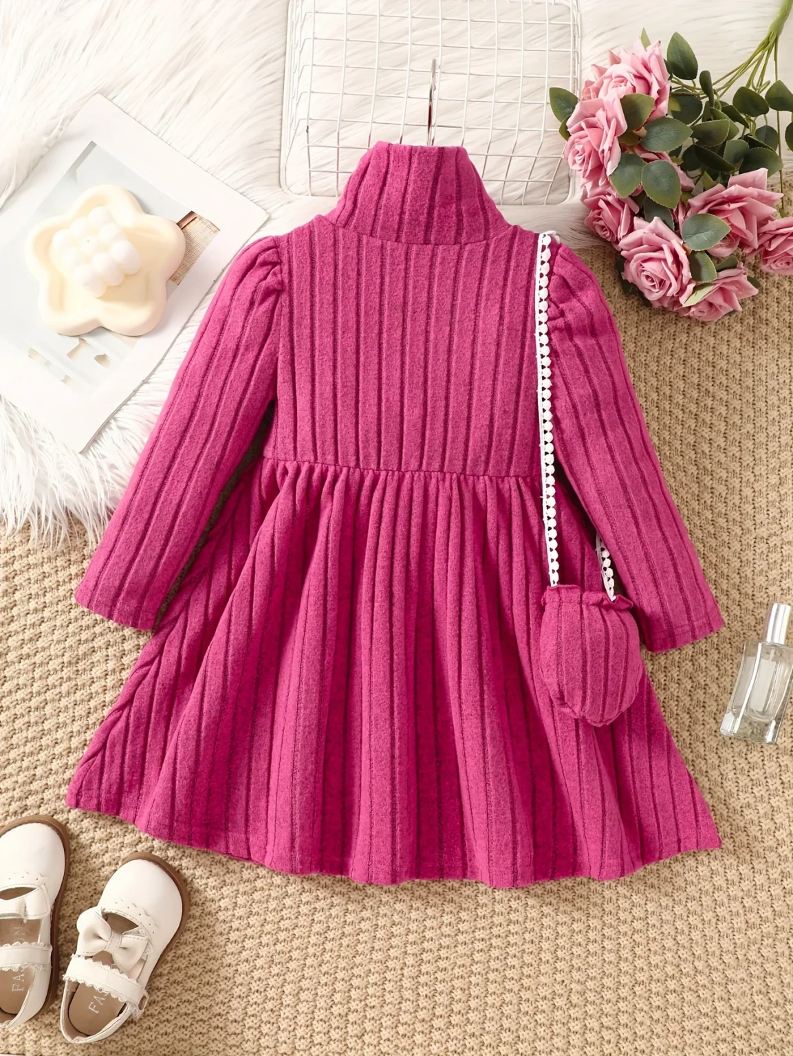 Girls' dress with soft texture fabric, high neck dress, small bag accessories, long sleeved dress, worn by 4-7 years old 4