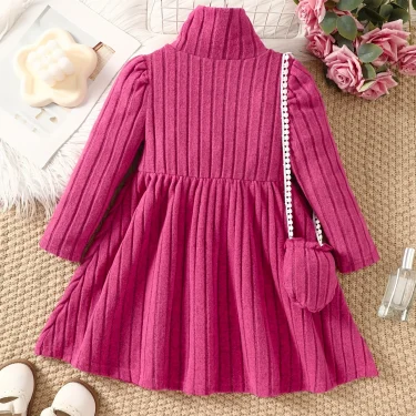 Girls' dress with soft texture fabric, high neck dress, small bag accessories, long sleeved dress, worn by 4-7 years old 4