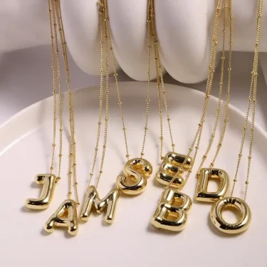LATS Gold Plated Metal Chunky Alphabet Balloon Bubble Initial Letter Pendant Necklace for Women Men Boy Fashion Jewelry 2