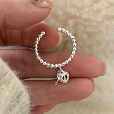 Foxanry Silver Color Love Heart Key Pendant Rings For Women Girls Creative Trendy Simple Sweet Elegant Anniversary Jewelry Gifts 3