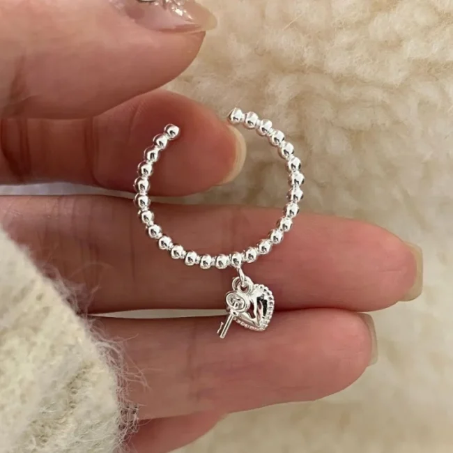 Foxanry Silver Color Love Heart Key Pendant Rings For Women Girls Creative Trendy Simple Sweet Elegant Anniversary Jewelry Gifts 3