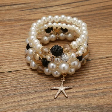 Imitation Pearl Stretch Bead Bracelets Set For Women Metal Adjustable Elastic Charms Vintage Strand Girls' Fashion Jewelry C1306 3