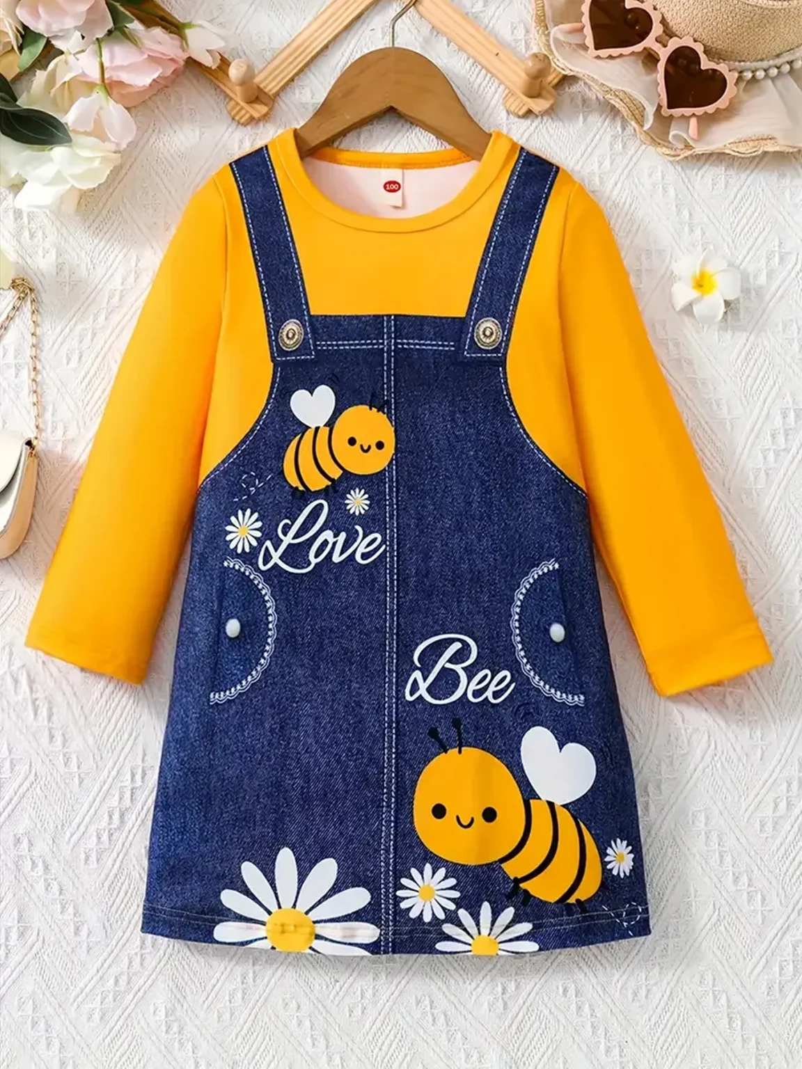 Cute Bee Print Suspender Spliced Dress For Girls, Round Neck Long Sleeve Casual Dress 1