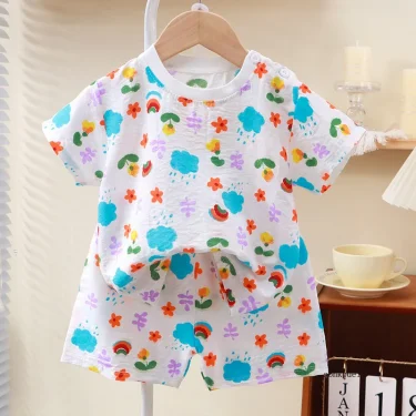Kids Suit Clothes for Girls Cartoon Short Sleeve T-shirt Tops+shorts Summer Children's Clothing Baby Boys Set 2