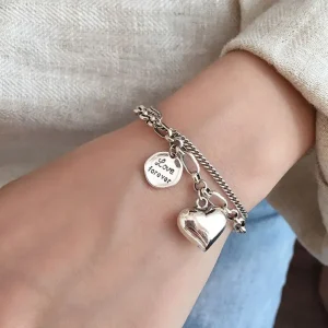Elegant 925 Sterling Silver Love Letter Heart Double Layer Bracelet Female Unique Design Thai Silver Retro Light Luxury Jewelry 2