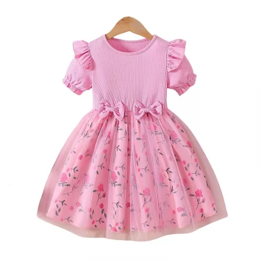 MILANCEL Trendy Girls' Bow Princess Dress Korean Style Children's Patchwork Mesh Floral Dress 2-6 Years Summer Kid's Clothing 6