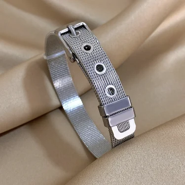 AENSOA Classic Belt Shape Stainless Steel Bracelets for Women Men Statement Gold Plated Metal Bangle Unisex Wristband Jewelry 2