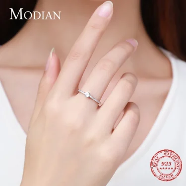 Modian Solid 925 Sterling Silver Simple Round Clear CZ Finger Rings For Women & Girls Cassic Wedding Statement Fine Jewelry Gift 2