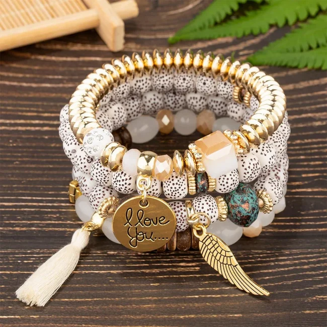 DIEZI Multicolor Acrylic Crystal Beads Strand Bracelets For Women Girls Men Tassel Wing Elastic Rope Bracelet Pulseira Feminina 4