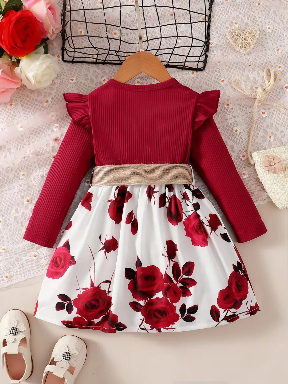 1-7 Years Children Girls New Year Dress Red Long Sleeved Flower Skirt for Birthday Wedding Party Wear Fashion Autumn Outfits 2