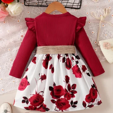 1-7 Years Children Girls New Year Dress Red Long Sleeved Flower Skirt for Birthday Wedding Party Wear Fashion Autumn Outfits 2