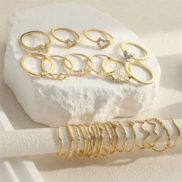 Fashion Simple Wave Joint Rings Set For Women Crystal Heart Shape Gold Silver Color Ring Female Party Jewelry 4