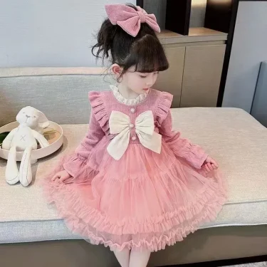 Girls Dress Autumn Girl Red Fluffy Skirt 3-8 Year Old Children Long Sleeved Dress Fashionable Bow Tie Pink Gauze Skirt 3