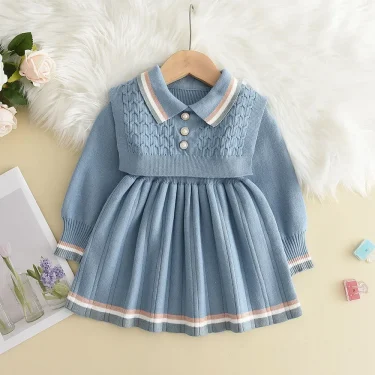 Bear Leader Kids Dresses for Girls Pearl Button Tricolor Striped Lapel Knit Skirt Winter College Style Children's Clothing 2