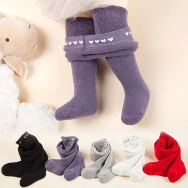 Soft Cotton Baby Girl Tights Winter Terry Thicken Children Pantyhose Heart Print Tights for Girls Toddler Tights Suitable 0-6 Y 1
