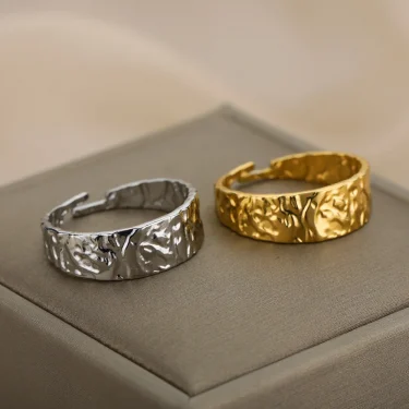 Retro Wide Textured Rings for Women Open Adjustable Stainless Steel Gold Color Ring Gothic Punk Hip Hop Jewelry anillos mujer 2