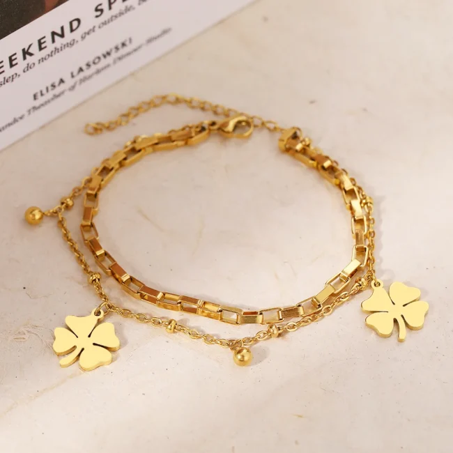 Stainless Steel Bracelets Trendy Fine Bell Clovers Pendant Beads Layer Chain Fashion Bracelet For Women Jewelry Festival Gifts 4