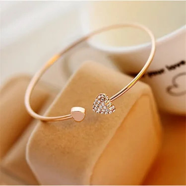 2015 Hot New Fashion Adjustable Crystal Double Heart Bow Bilezik Cuff Opening Bracelet For Women Jewelry Gift Mujer Pulseras 2