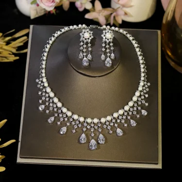 ASNORA Cubic Zirconia Imitation Golden Pearls Jewellery Set Bridal Wedding CZ Necklace for Brides conjuntos femininos elegantes 1