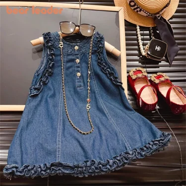 Bear Leader Summer 2024 New Girl Fungus Edge Solid Color Three-Button Classic Denim Sleeveless Vest Dress 1