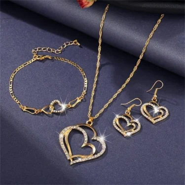 Exquisite Double Heart Necklace Earrings Bracelet Jewelry Set Charm Ladies Jewelry Fashion Bridal Accessory Set Romantic Gifts 3